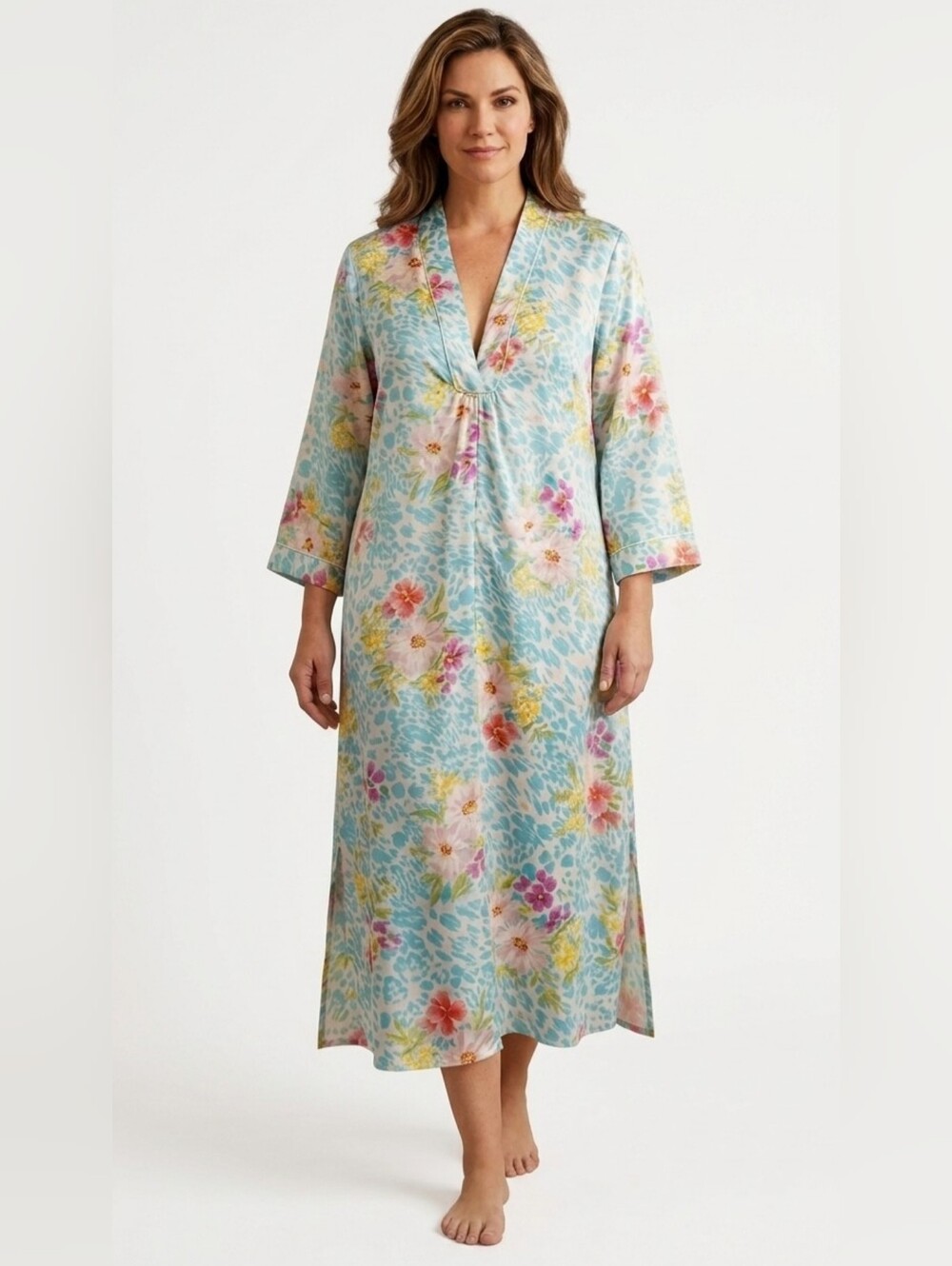 Oscar de la Renta Blue Floral V-Neck Chemise